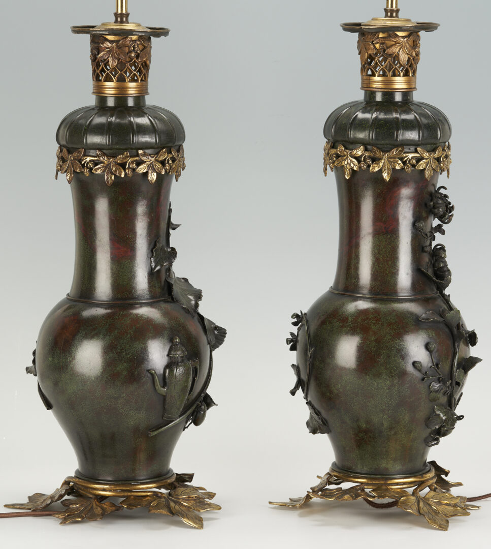 Lot 877: Pair of Japanese Patinated Bronze Vases, Mounted as Lamps
