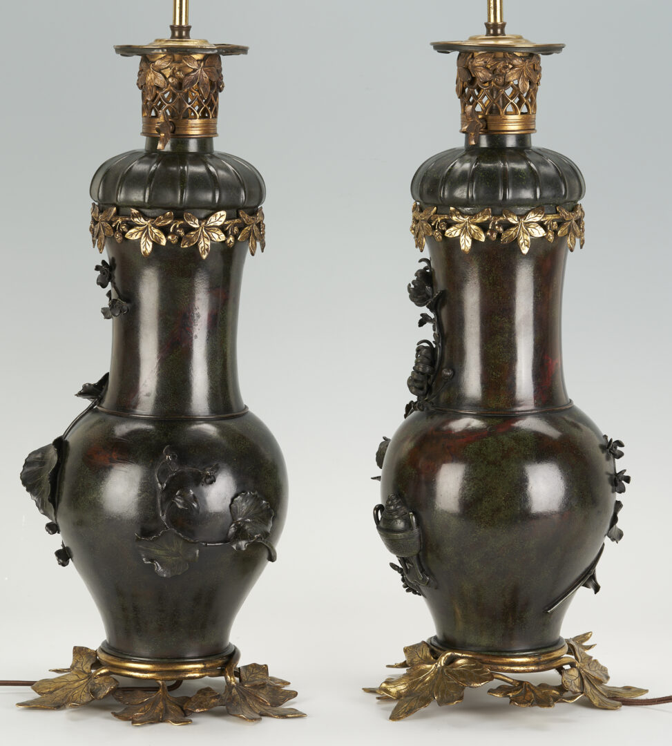 Lot 877: Pair of Japanese Patinated Bronze Vases, Mounted as Lamps