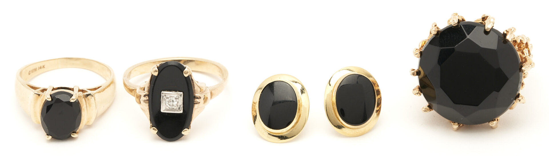 Lot 895: 3 14K Gold & Black Onyx Rings plus Pr. Earrings, 4 items