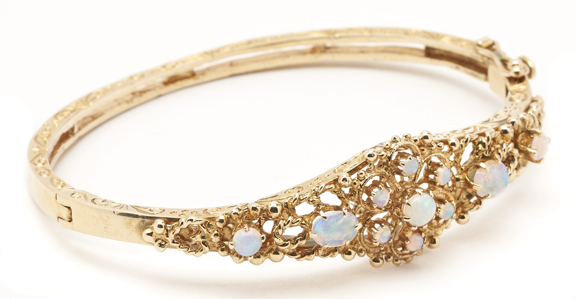 Lot 910: 14K Gold & Opal Bangle Bracelet
