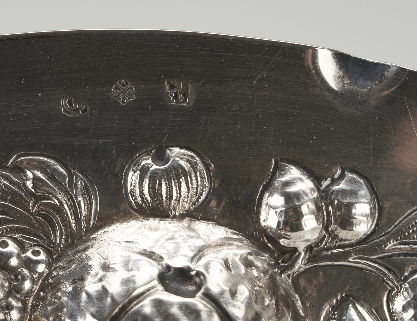 Lot 920: 4 Continental Repousse Silver Items .800+, incl. Hollowware & 2 Serving Spoons
