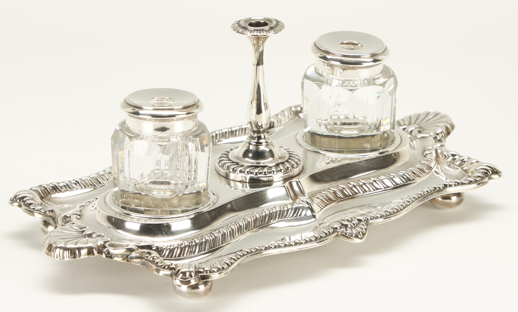 Lot 922: 3 Sterling Silver Items, English Inkstand & Cane plus Wishart Coin Spoon