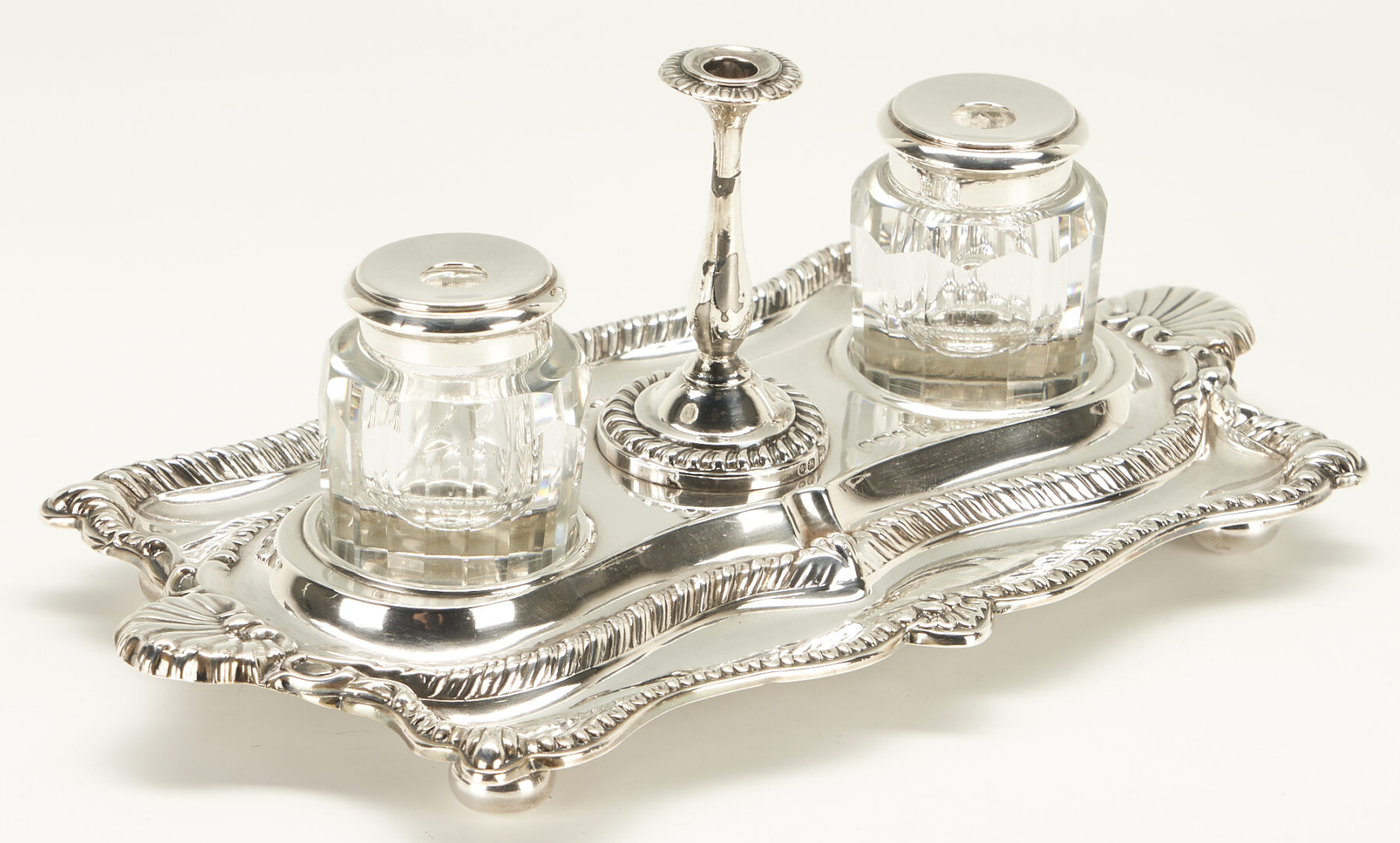 Lot 922: 3 Sterling Silver Items, English Inkstand & Cane plus Wishart Coin Spoon