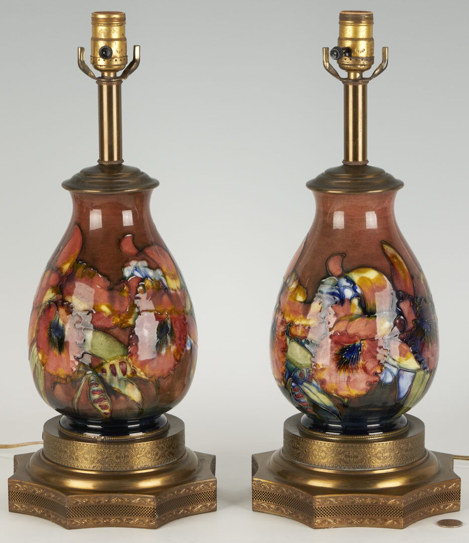 Lot 943: Pair Moorcroft Flambe Orchid Vase Fitted as Table Lamps