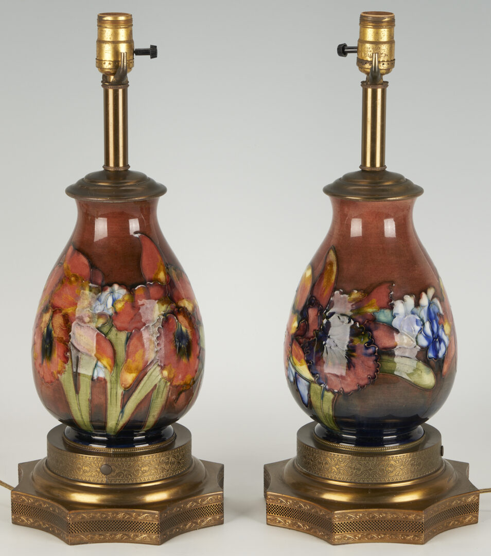 Lot 943: Pair Moorcroft Flambe Orchid Vase Fitted as Table Lamps