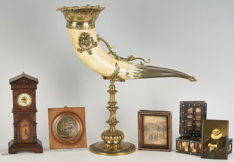 Lot 95: 7 Items: Gilt Mounted Horn, Portrait Miniature, Quill Boxes