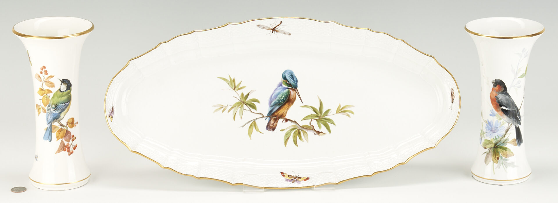 Lot 996: 3 Meissen Porcelain Bird & Insect Items, Vases & Platter