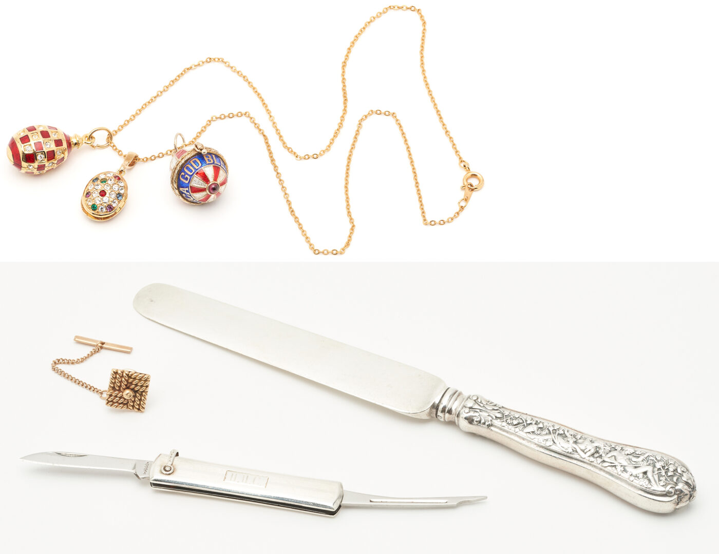 Lot 173: 2 Tiffany & Co Knives & 14K Tie Tack + 3 Faberge Style Egg Charms