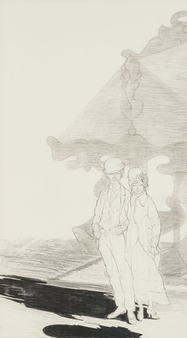 Lot 17: Carl Sublett Drawing, Couple w/ Gazebo