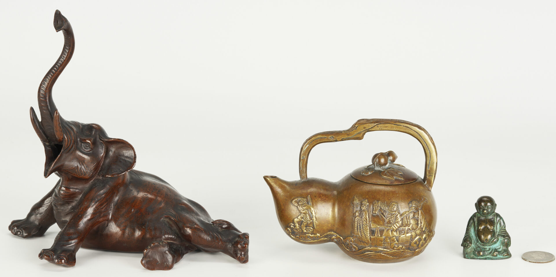 Lot 190: 3 Asian Bronze Items, Elephant, Teapot & Buddha