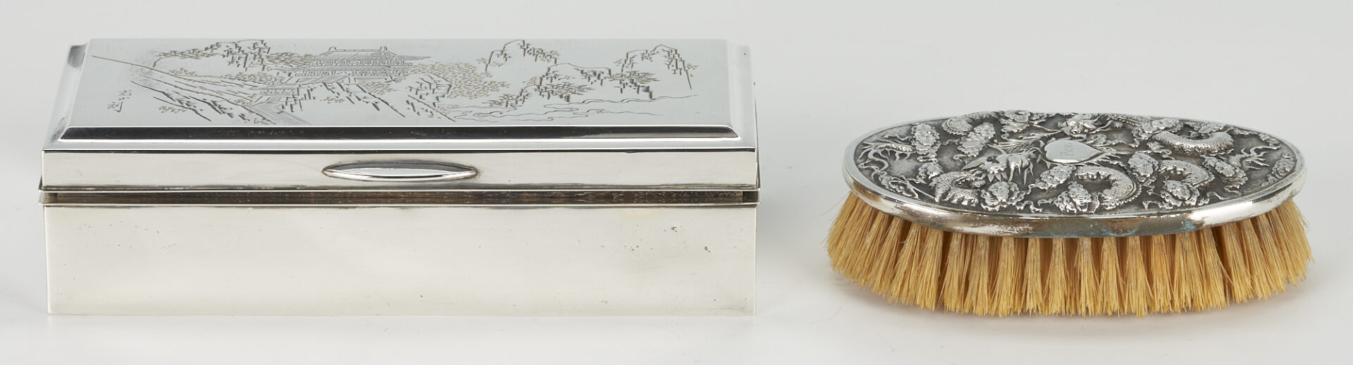 Lot 191: Chinese Silver Brush, Japanese .950 Silver Box, & Mixed Metal Vase