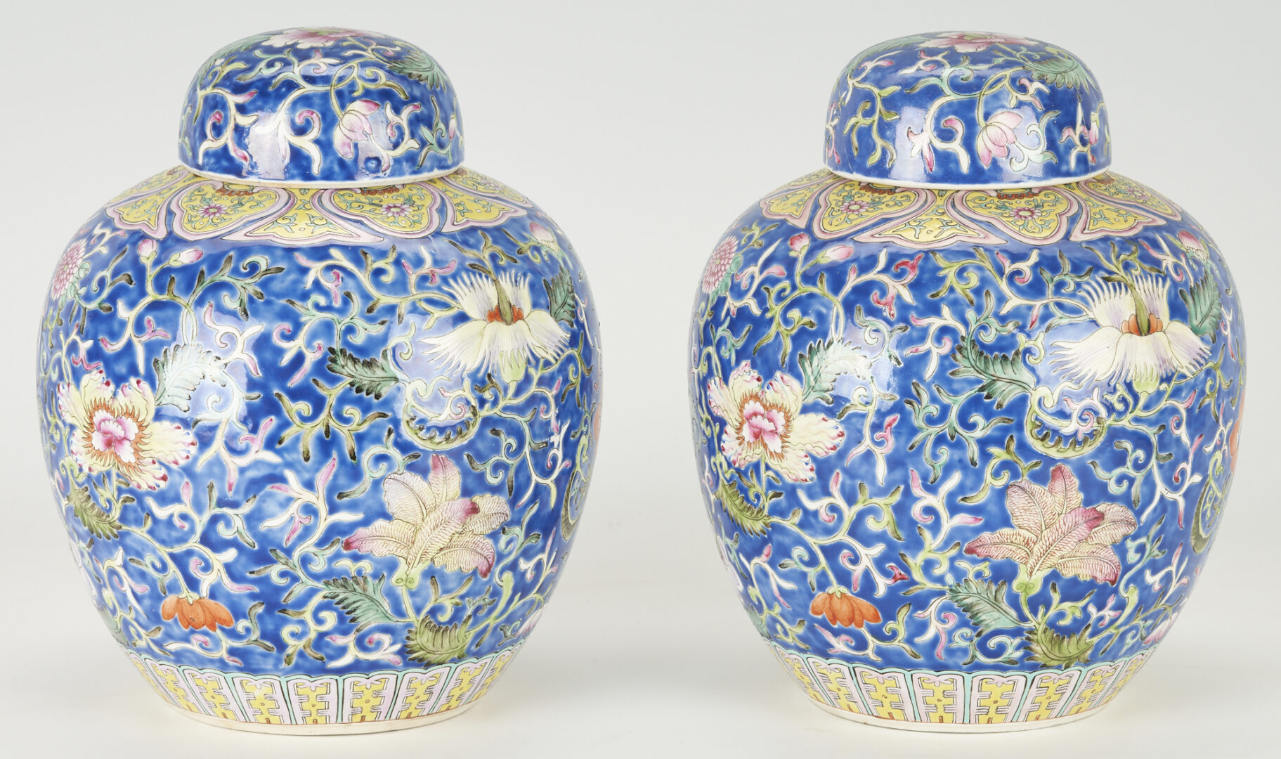 Lot 200: Pr Porcelain Chinese Ginger Jars + 1 Celadon Famille Rose Plate