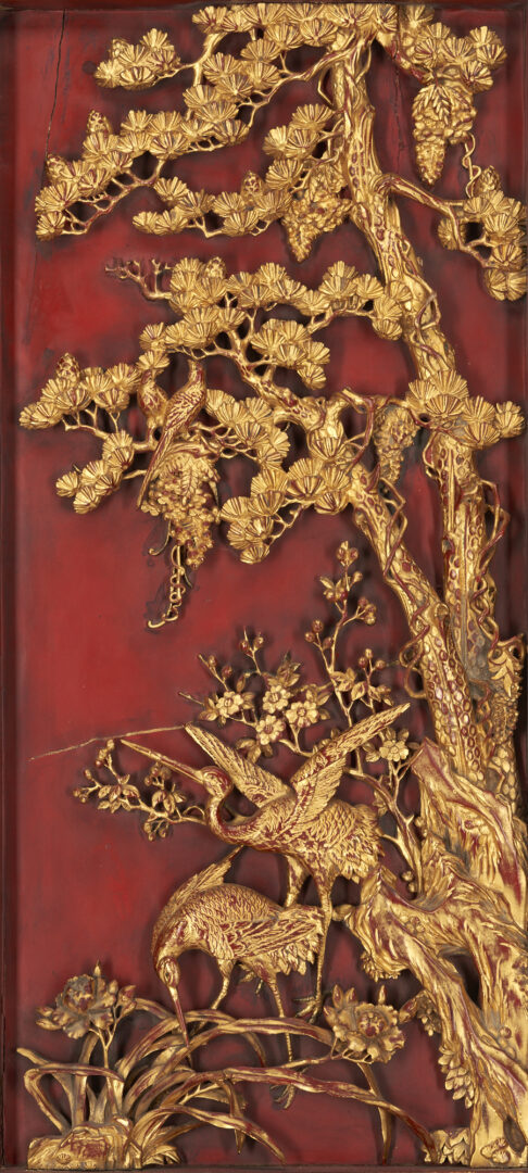 Lot 203: Pr. Antique Chinese Carved Giltwood & Lacquer Panels