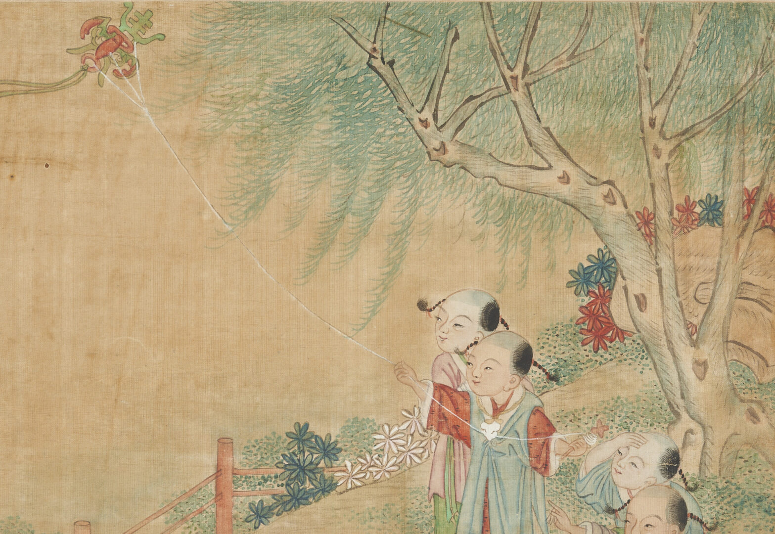 Lot 207: Chinese Silk Painting, Boys Flying Kite