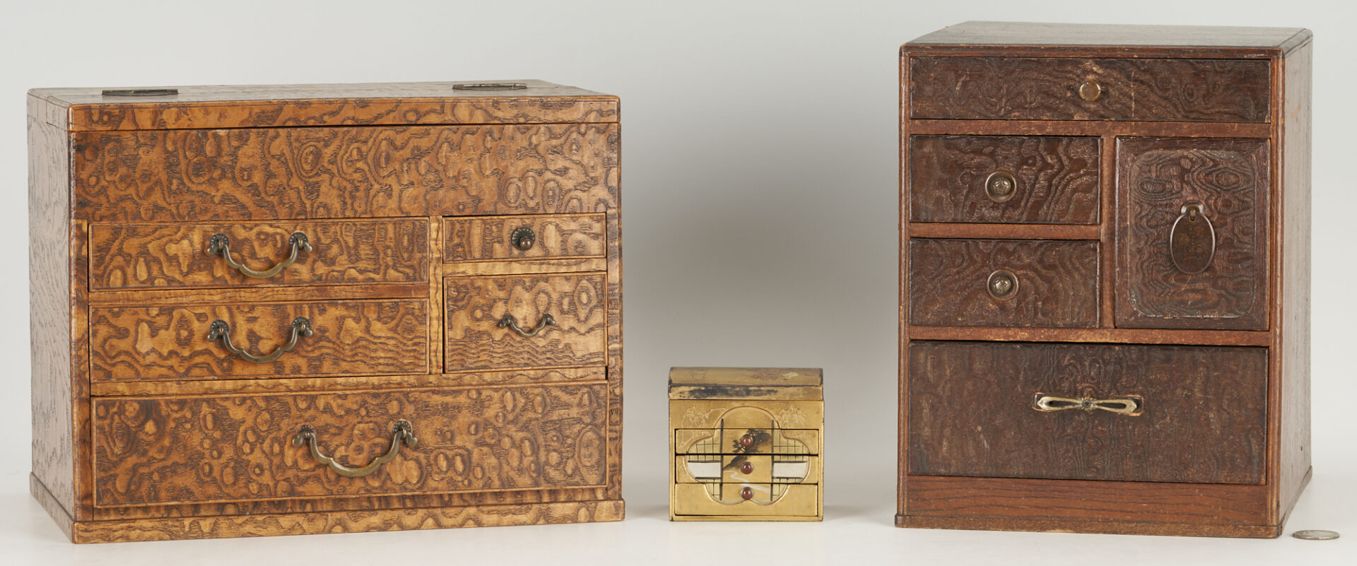 Lot 211: 2 Japanese Tansu Boxes, 1 Signed Miniature Lacquer Box & Pr. Chinese Silk Textiles