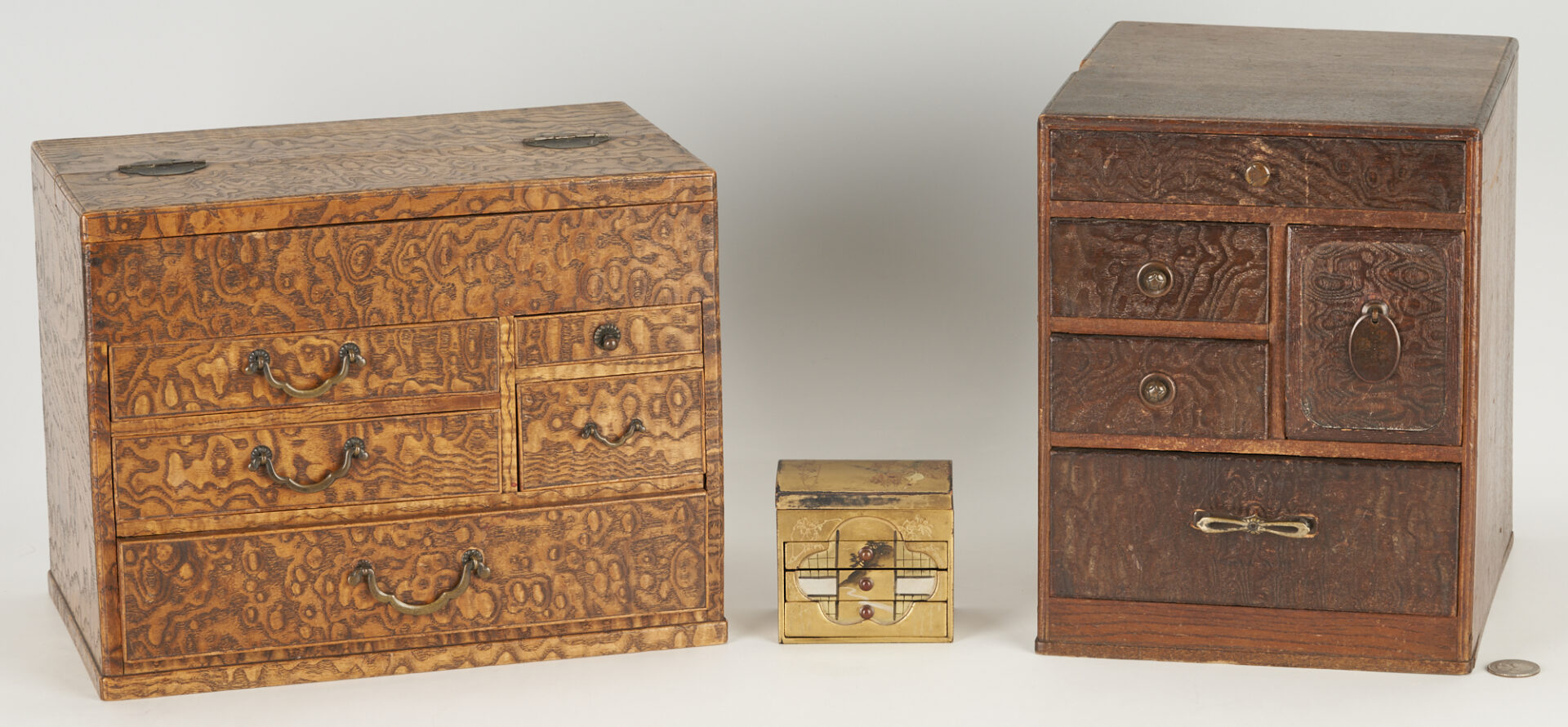 Lot 211: 2 Japanese Tansu Boxes, 1 Signed Miniature Lacquer Box & Pr. Chinese Silk Textiles
