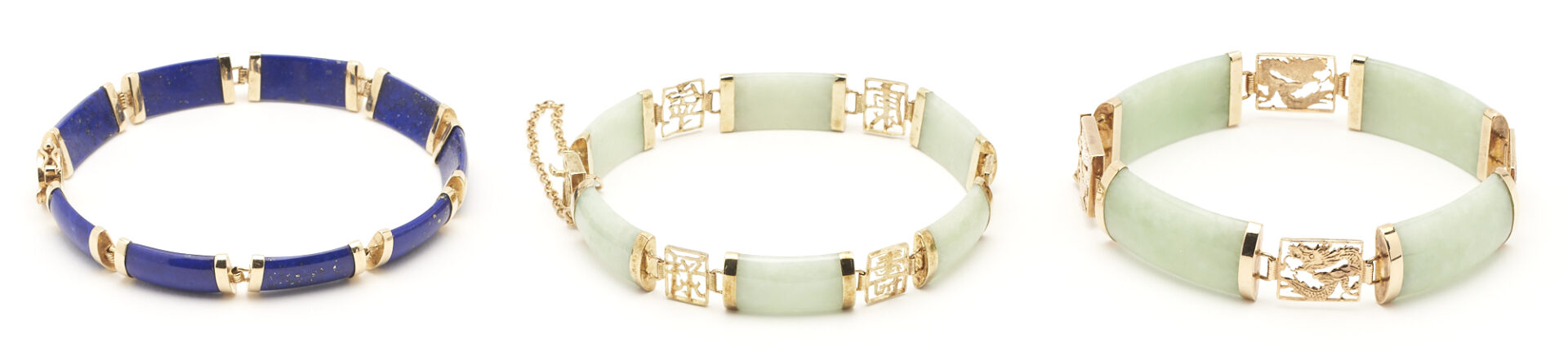 Lot 212: 3 14K Asian Jade & Lapis Bracelets
