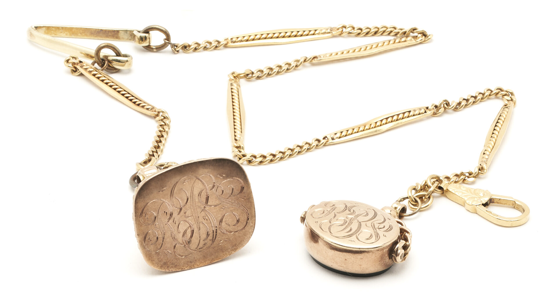 Lot 232: Gold Pocket Watch Chain with Fob & Stamp