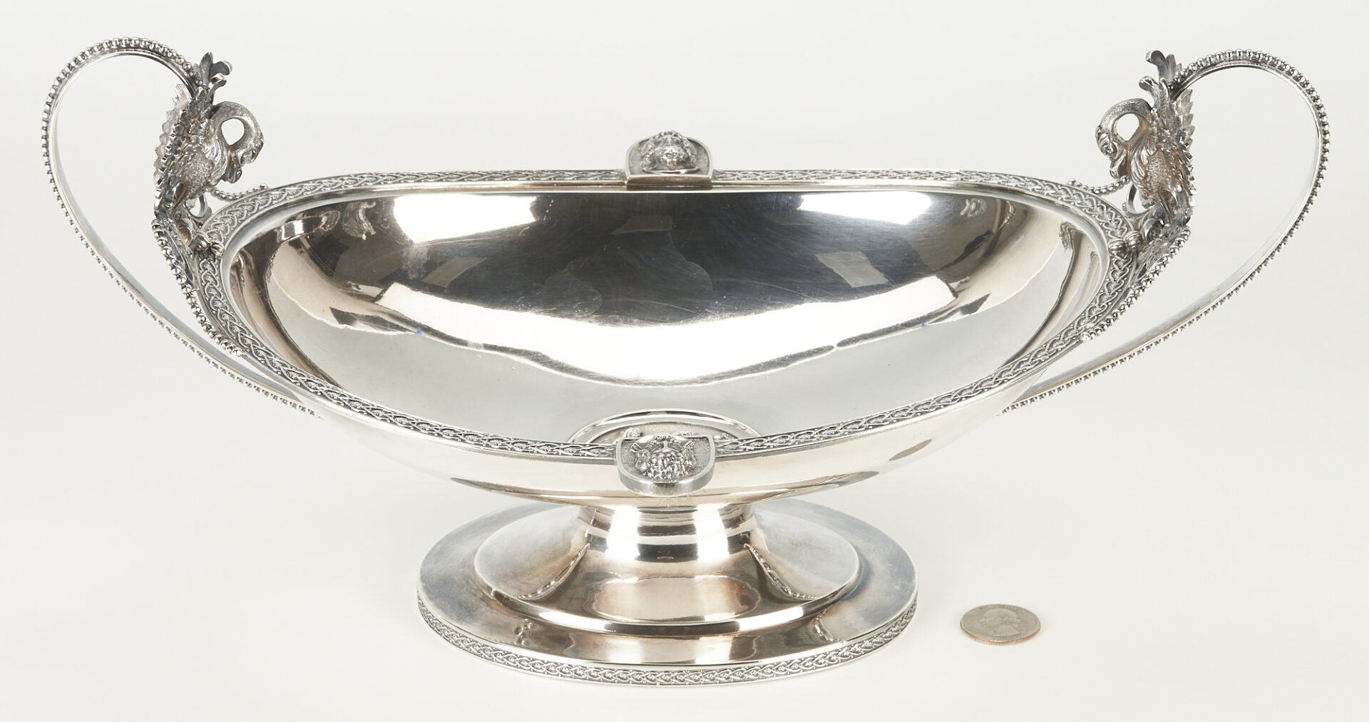 Lot 235: Wood & Hughes Coin Silver Medallion Fruit or Centerpiece Bowl, Figural Swan Handles
