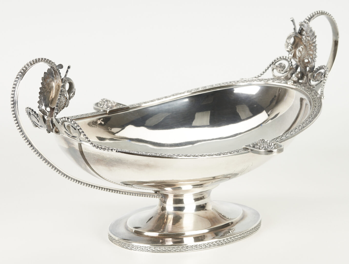 Lot 235: Wood & Hughes Coin Silver Medallion Fruit or Centerpiece Bowl, Figural Swan Handles