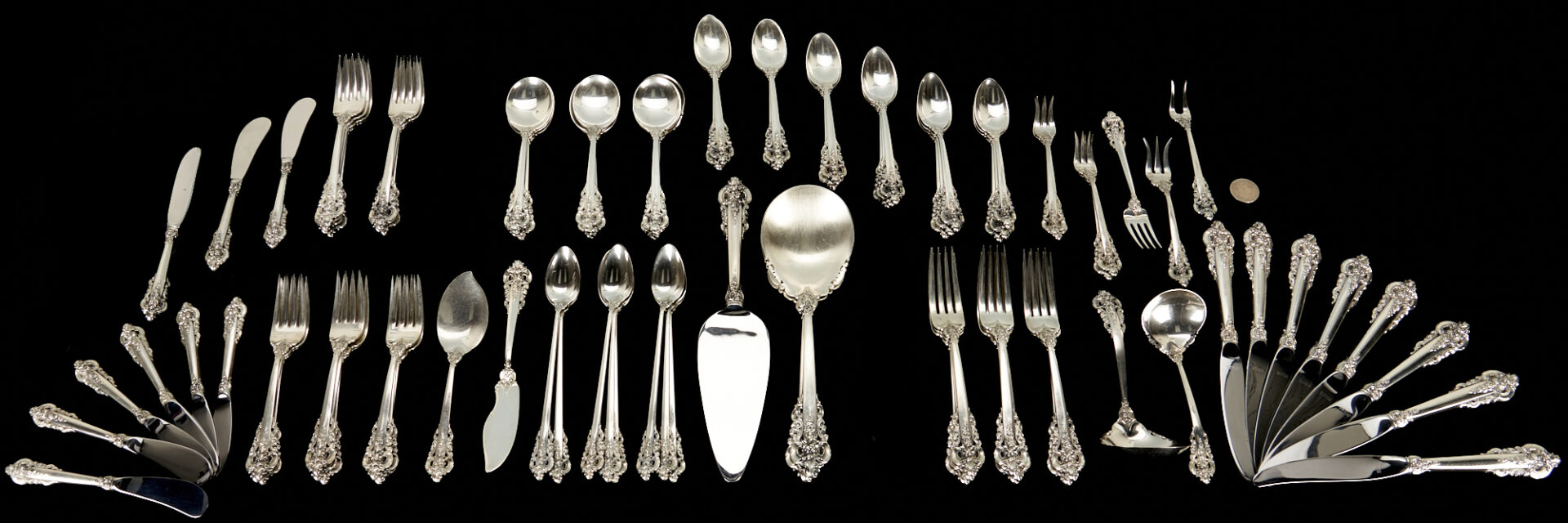 Lot 243: 89 pcs. Wallace Grand Baroque Sterling Flatware, Service for 8