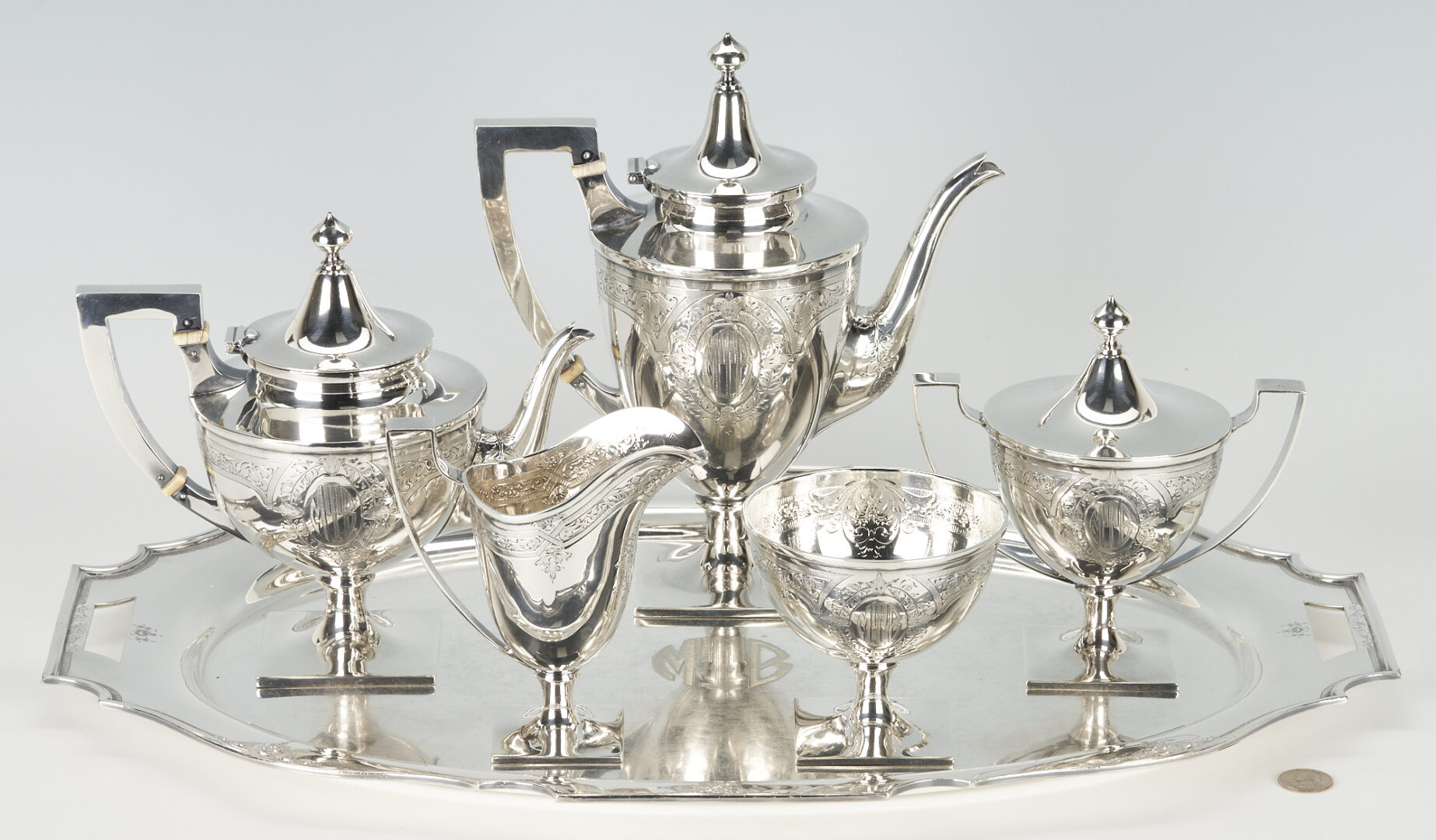 Lot 246: Schofield Sterling Silver Tea Set w/ Silverplated Tray, 6 pcs total