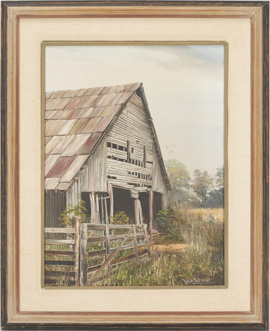 Lot 281: 2 Marion Cook Paintings, Barn in Field O/C plus Irises O/B
