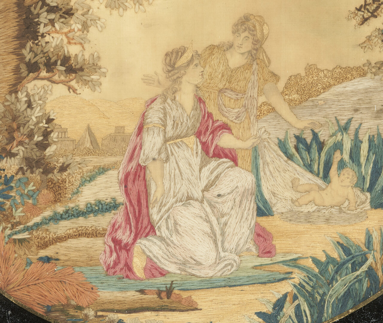 Lot 303: Silk Embroidered Needlework Picture: Moses in Basket