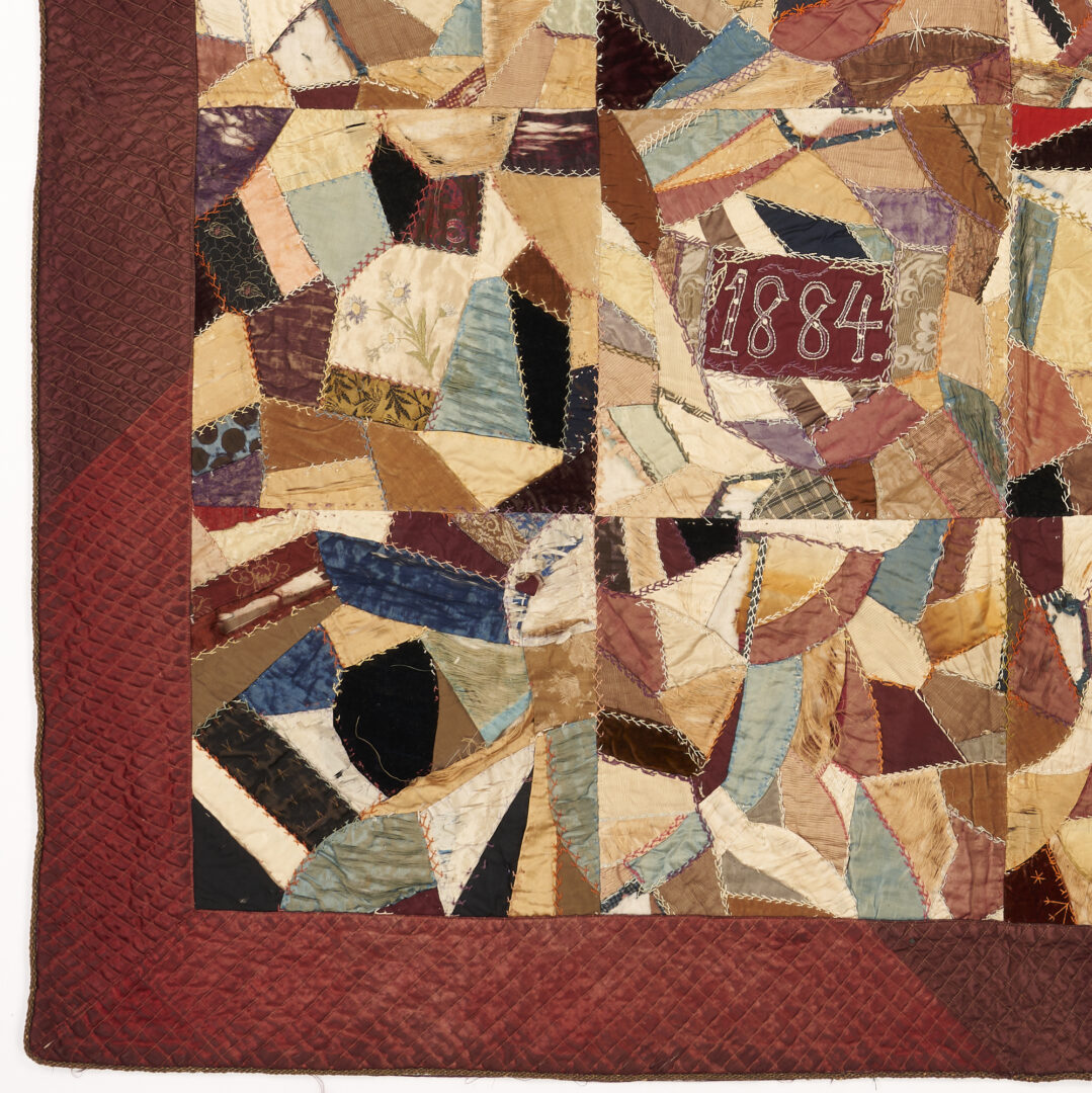Lot 305: American Crazy Quilt with Pictorial Embroidery, dated 1884