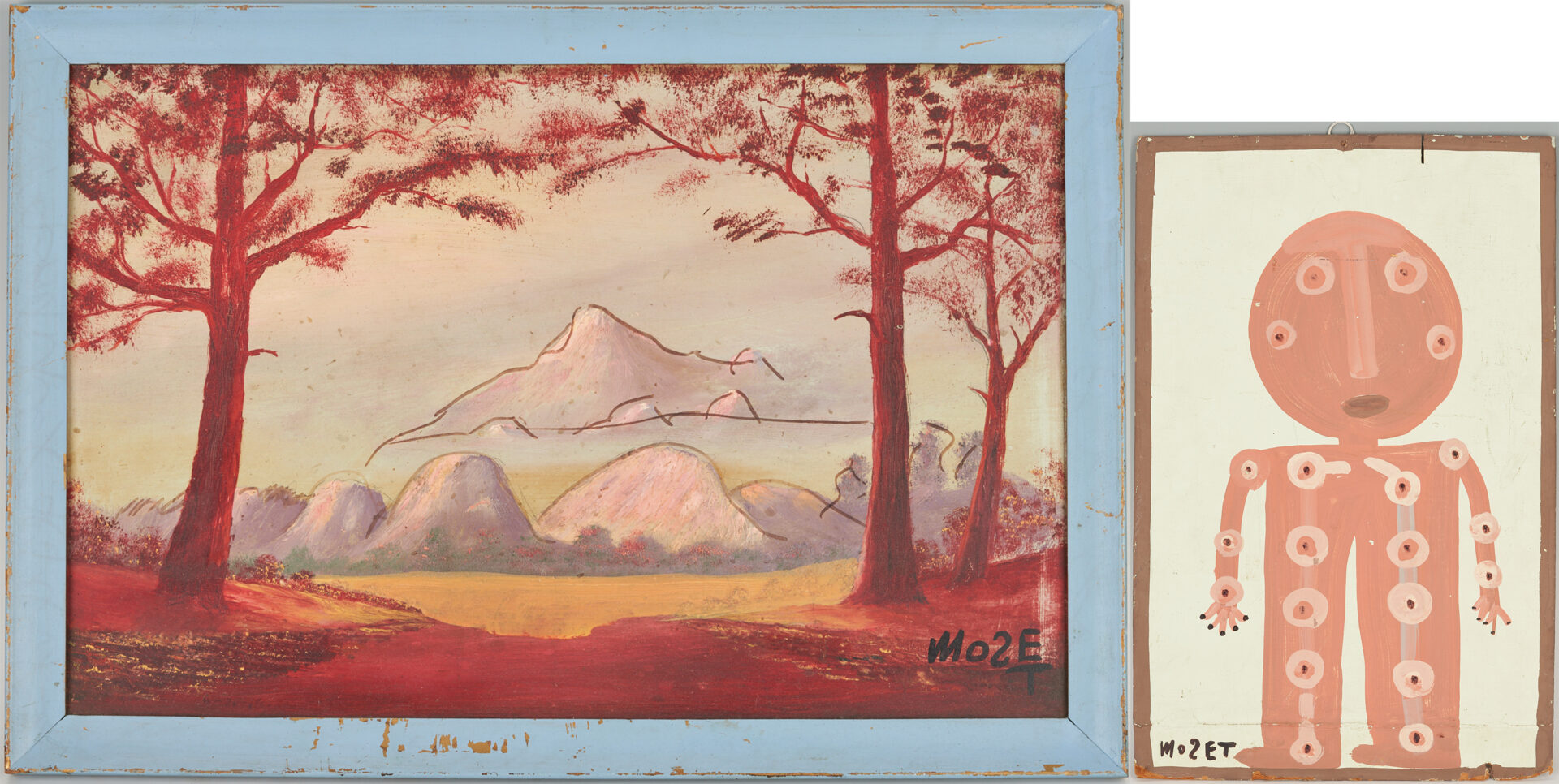Lot 312: Mose Tolliver Small Standing Man & Landscape Paintings (2 pcs)