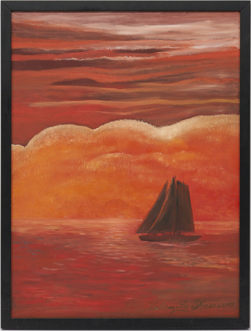 Lot 314: Helen LaFrance O/C Landscape Painting, Sailboat in the Setting Sun