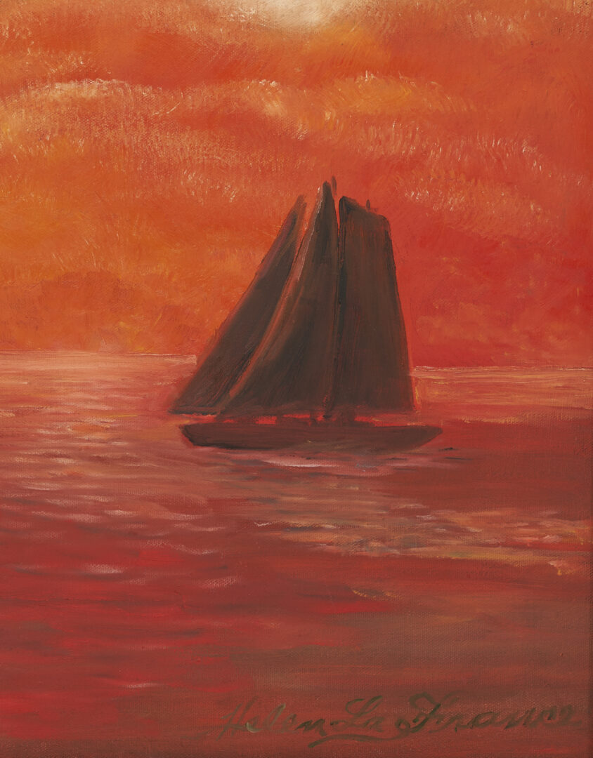 Lot 314: Helen LaFrance O/C Landscape Painting, Sailboat in the Setting Sun