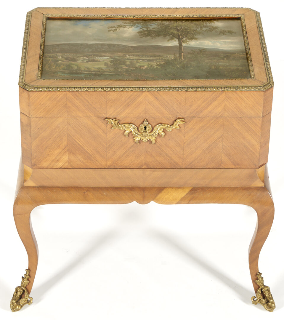 Lot 350: French Sewing Box on Stand w/ Painted Scenic Lid