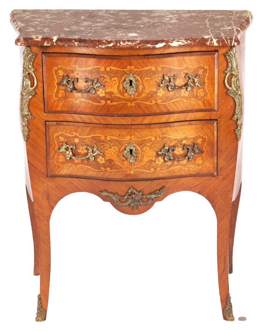 Lot 351: Diminutive Louis XV Style Marble Top Commode