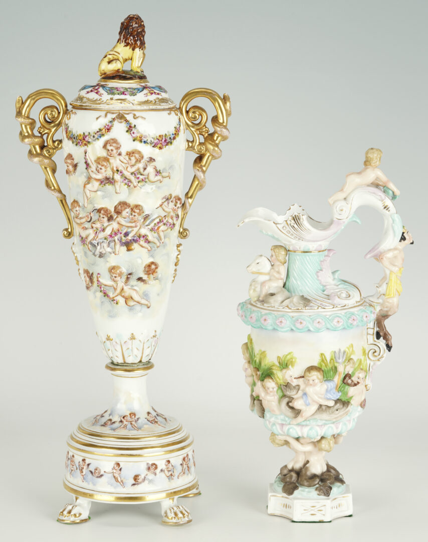 Lot 372: 4 European Porcelain Items: Compote, Lidded Urn, Ewer, Candle Stand