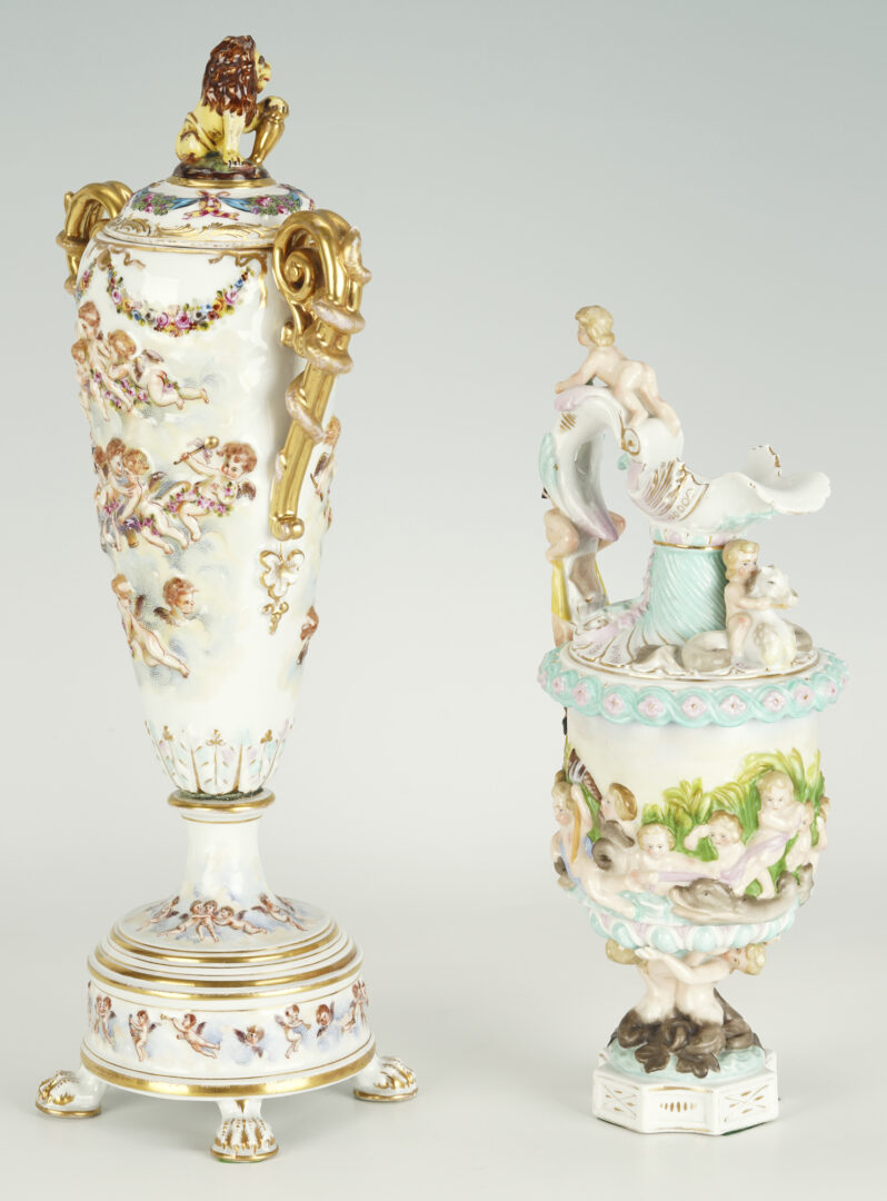 Lot 372: 4 European Porcelain Items: Compote, Lidded Urn, Ewer, Candle Stand
