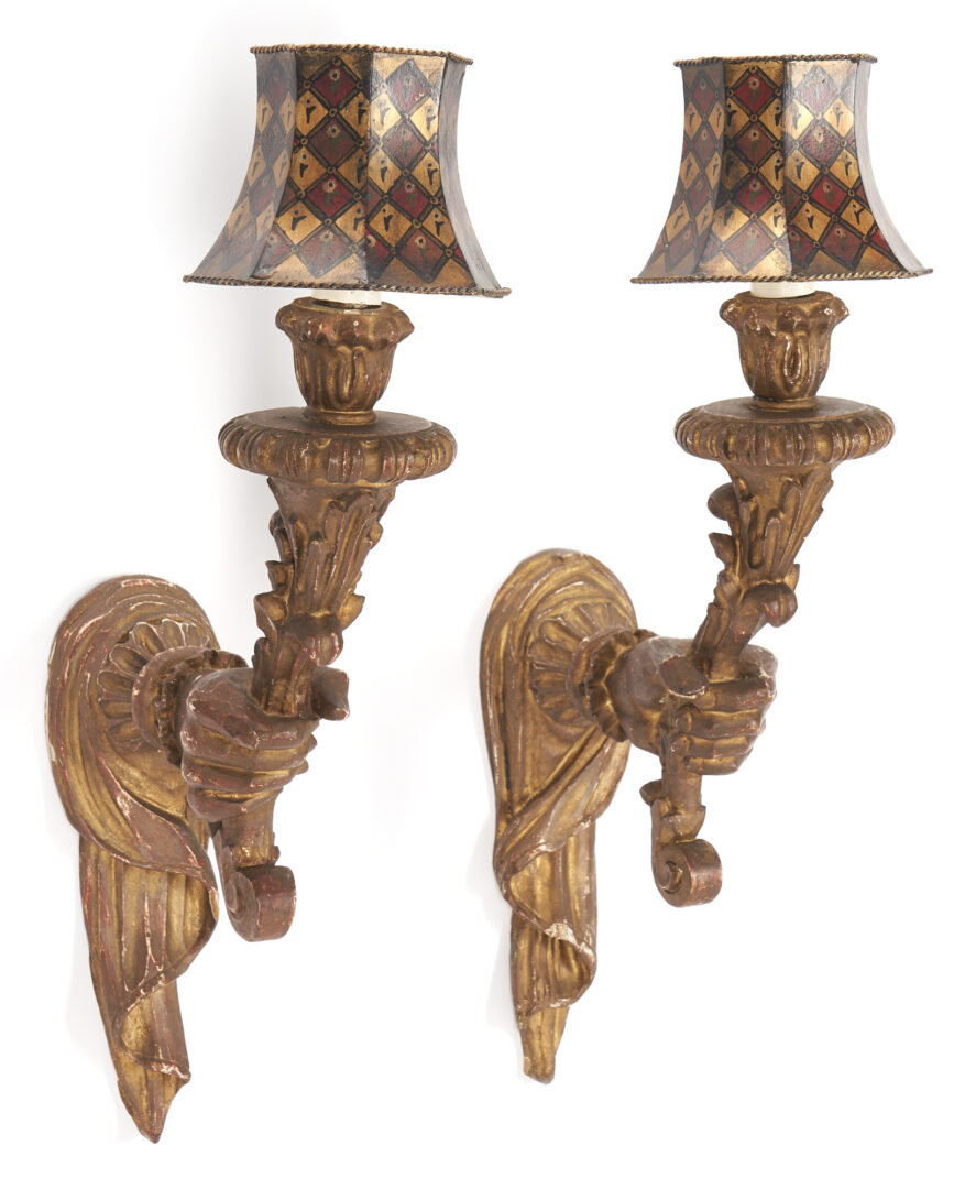 Lot 374: Pair of Venetian Style Giltwood Hand Sconces