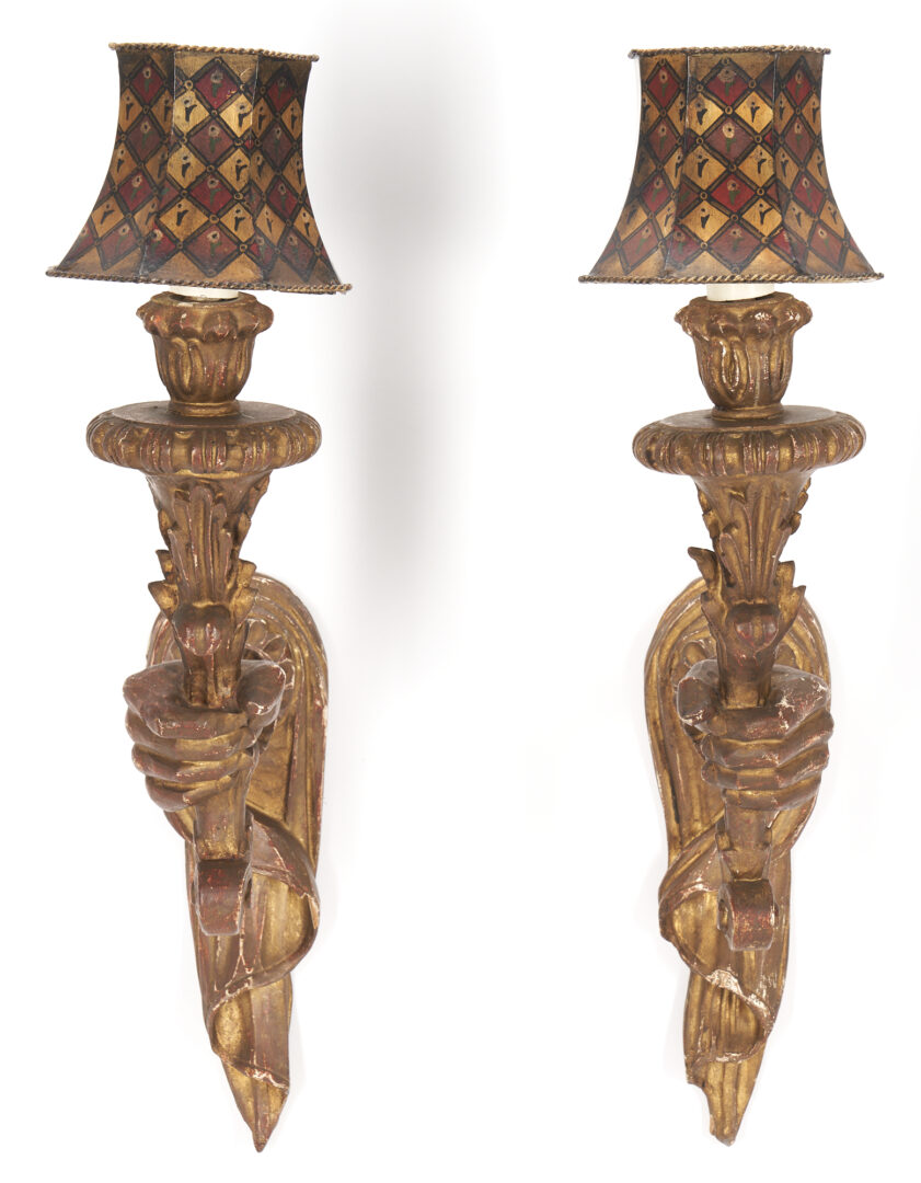 Lot 374: Pair of Venetian Style Giltwood Hand Sconces