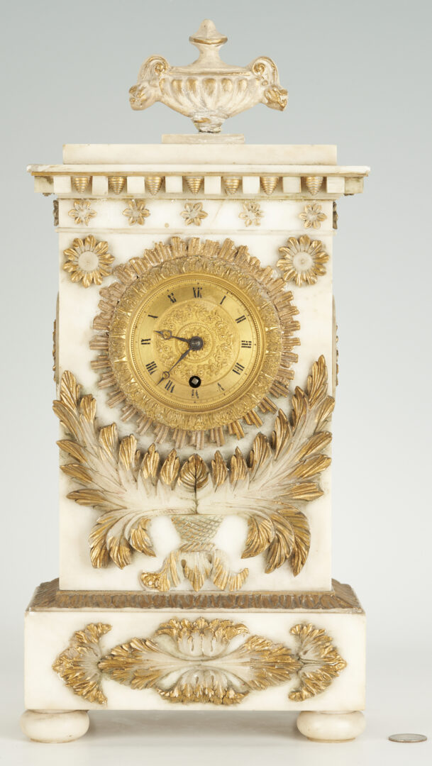 Lot 378: French Empire Style White Marble Clock & Garniture Set