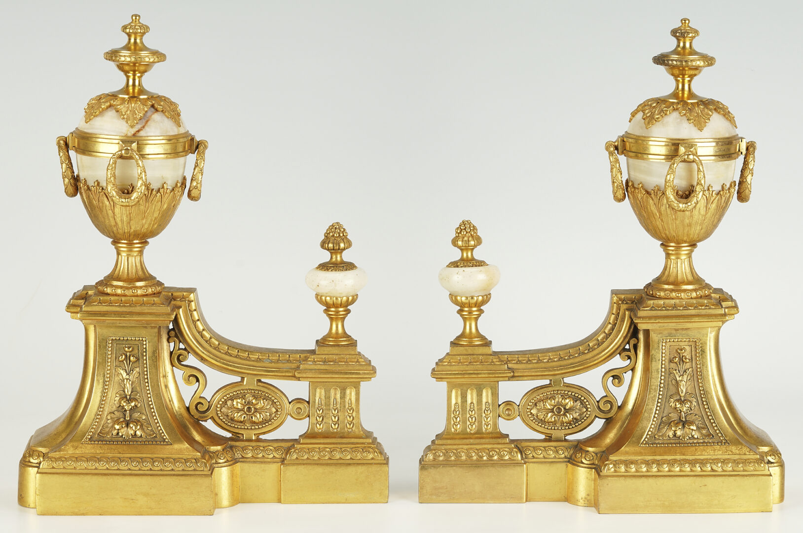 Lot 379: 3-Piece Louis XVI Gilt Bronze & Onyx Andirons and Fender
