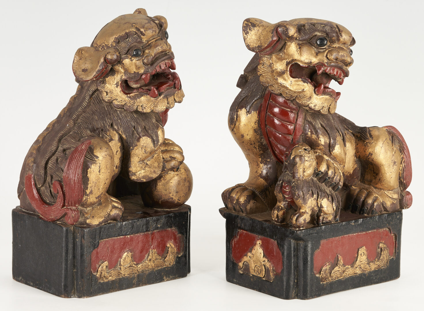 Lot 388: Pair Carved Parcel Gilt Chinese Foo Dogs