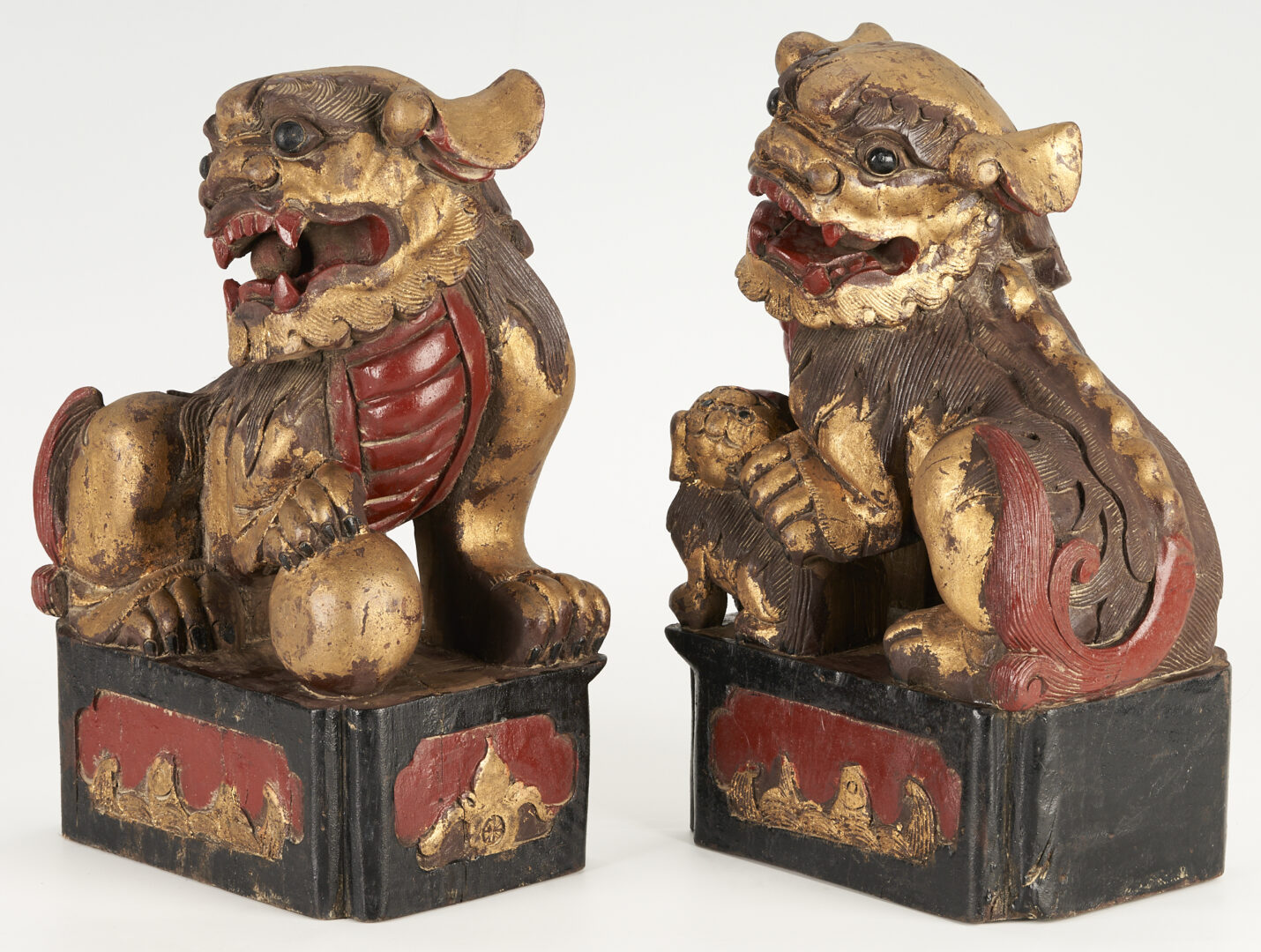 Lot 388: Pair Carved Parcel Gilt Chinese Foo Dogs