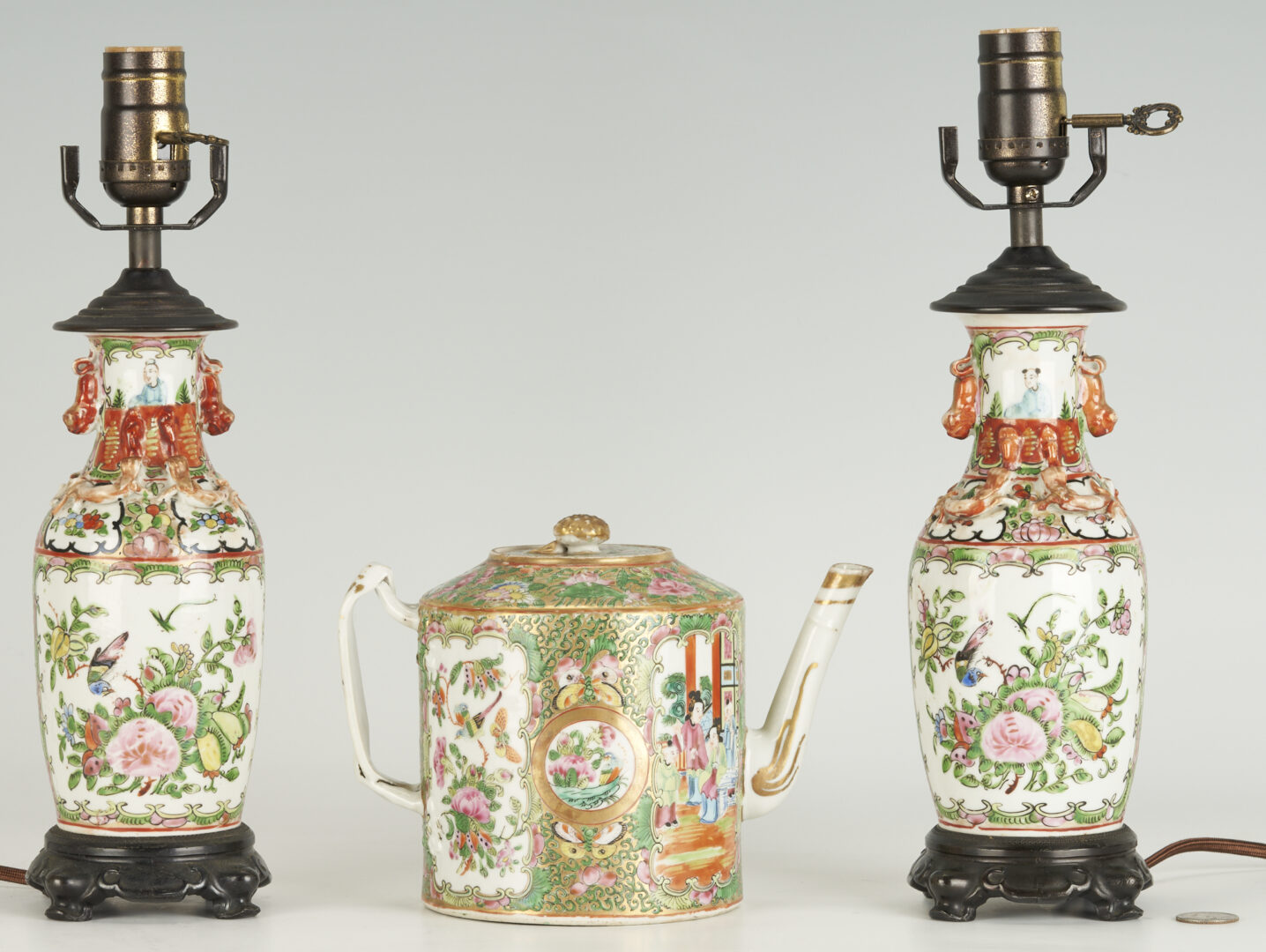 Lot 392: 3 Chinese Famille Rose Porcelain Items, Lamps & Teapot