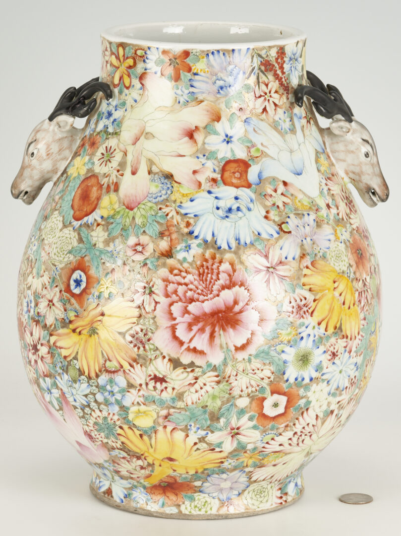 Lot 394: Chinese Famille Rose Millefleurs Vase,  Deer Head Handles