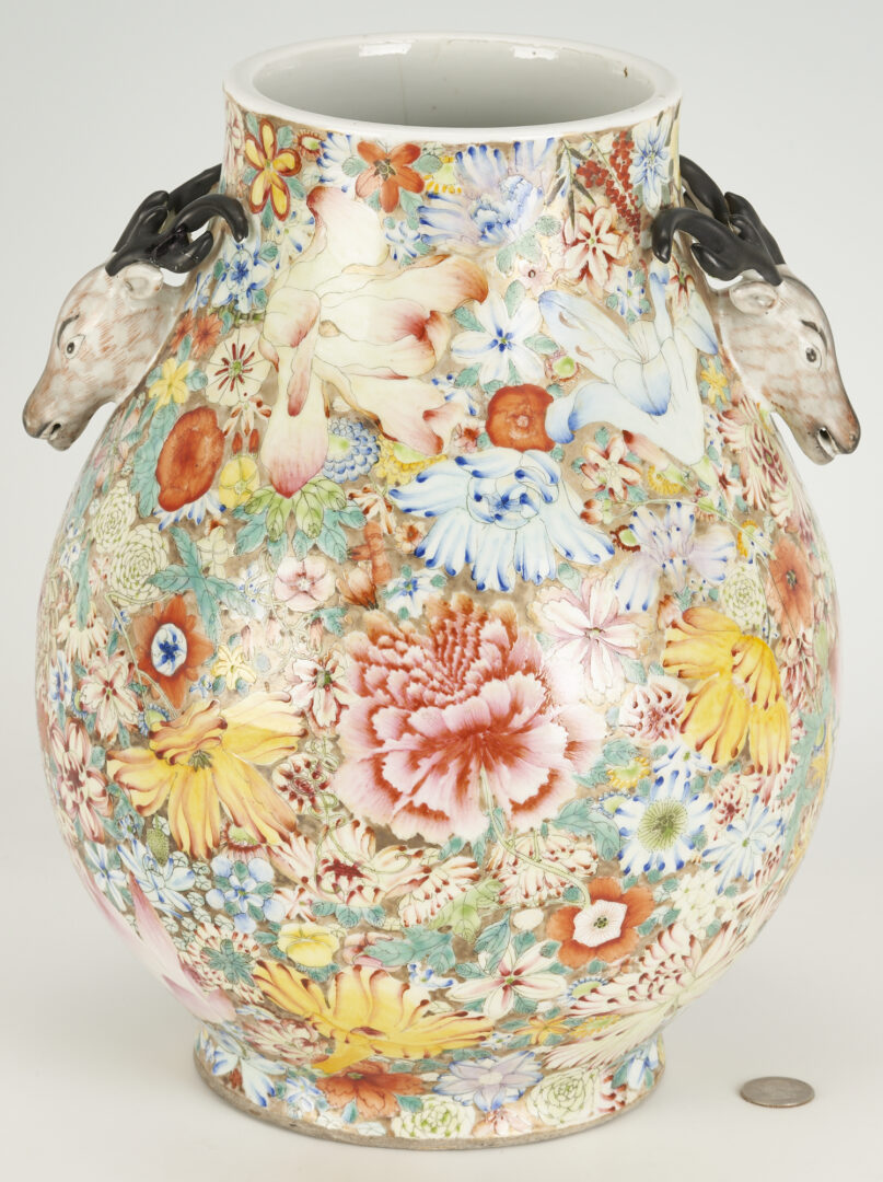 Lot 394: Chinese Famille Rose Millefleurs Vase,  Deer Head Handles