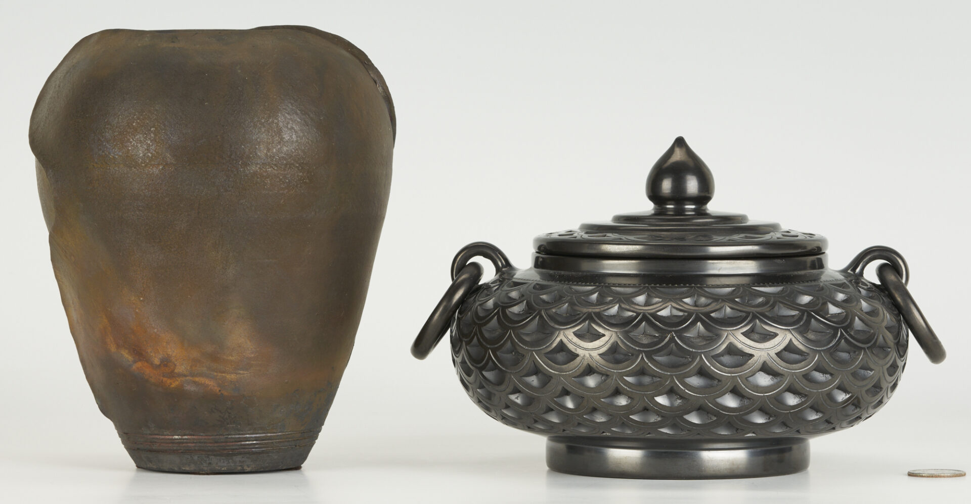 Lot 401: 2 Ceramic Items, Chinese Covered Jar & Japanese Style Raku Vase