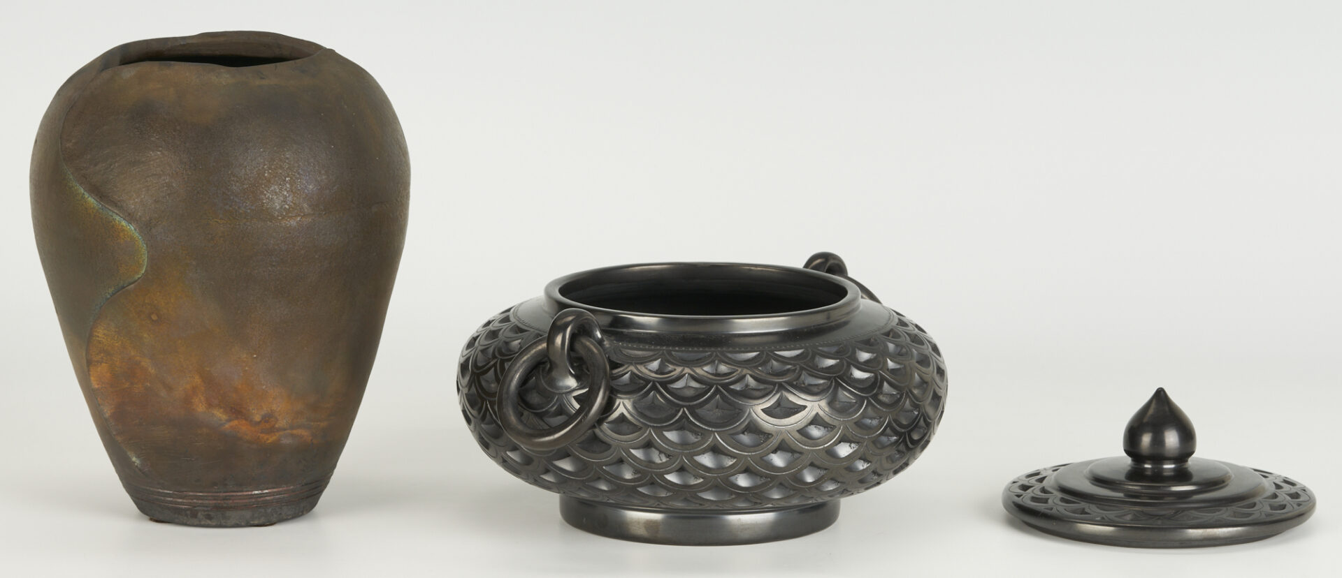 Lot 401: 2 Ceramic Items, Chinese Covered Jar & Japanese Style Raku Vase
