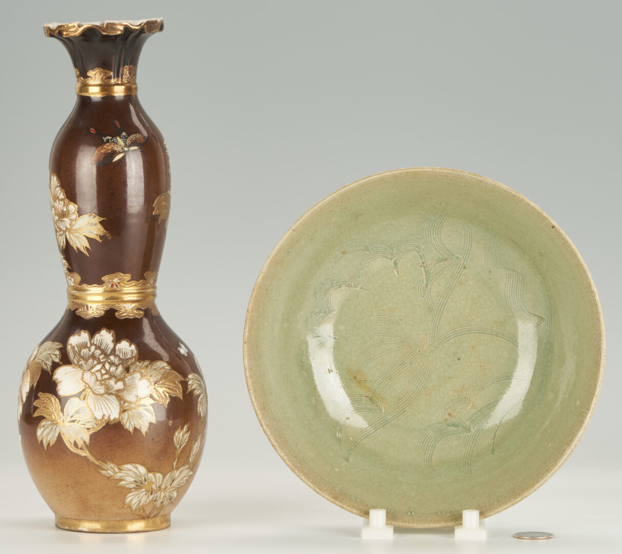 Lot 406: 2 Asian Ceramic Items, Double Gourd Vase & Celadon Glaze Bowl