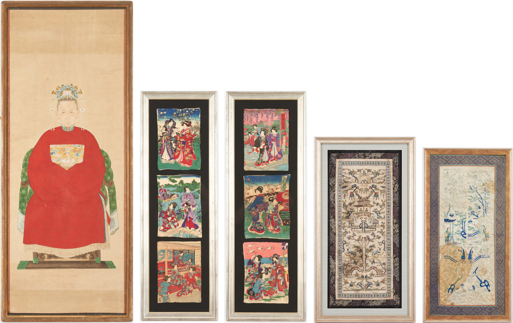 Lot 407: 5 Asian Framed Items, Ancestor Portrait, Japanese Textile Prints, Chinese Embroideries