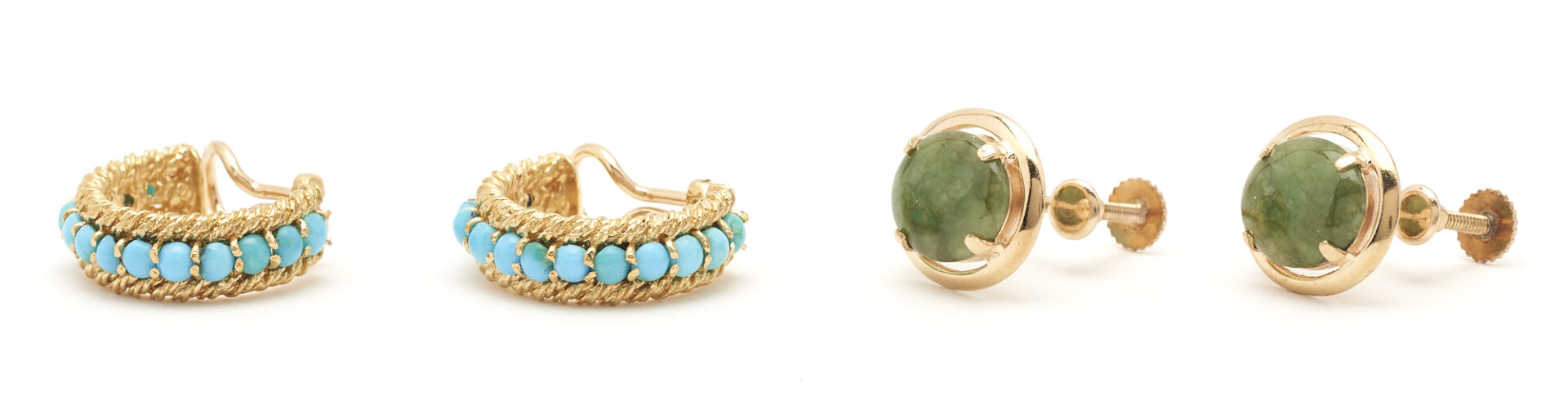 Lot 414: 2 Prs. Ladies' Gold Earrings with Jade, Turquoise